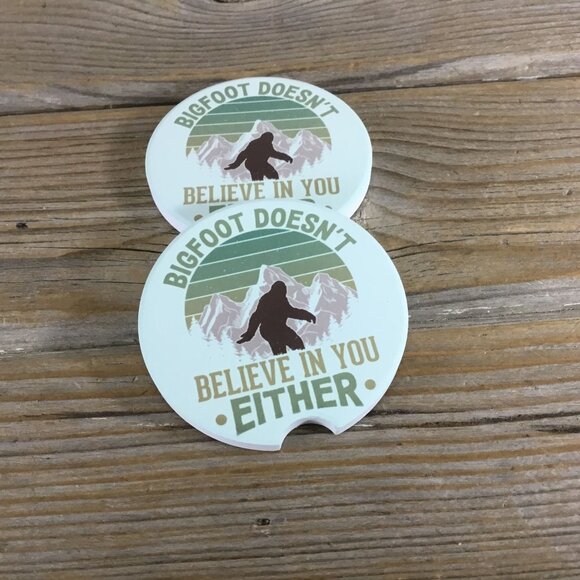 Big Foot Doesn’t Believe in You Either Car Coasters Set of 2 - Picture 1 of 6